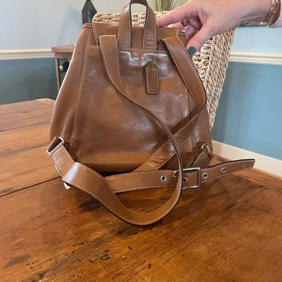 Coach Classic Tan Leather Drawstring Backpack - Picture 2 of 7